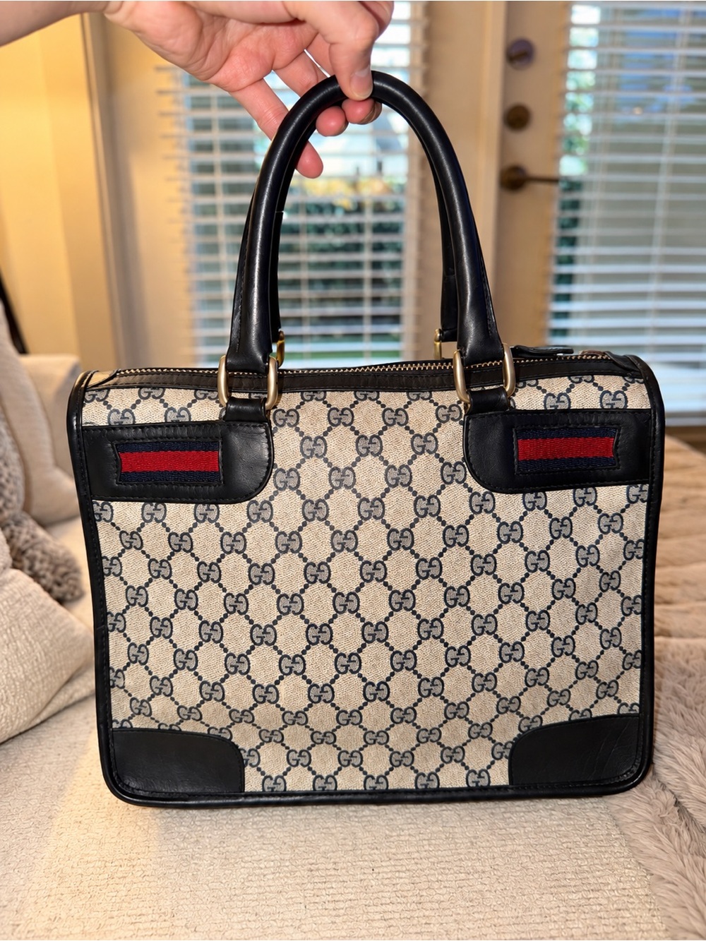 Authentic Vintage Gucci GG Monogram Navy Web Stripe Tote Bag Made in Italy